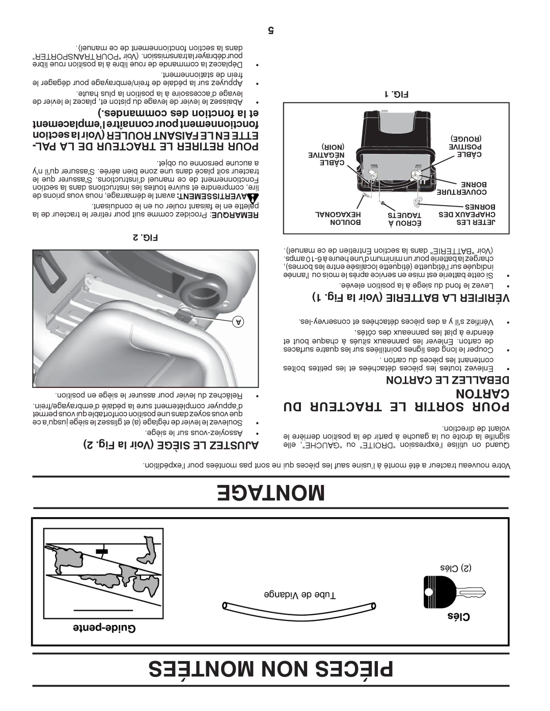 Poulan 96042007300, 419764 manual Montées NON Piéces, Toncar DU Tracteur LE Sortir Pour, Fig la Voir Batterie LA Vérifier 