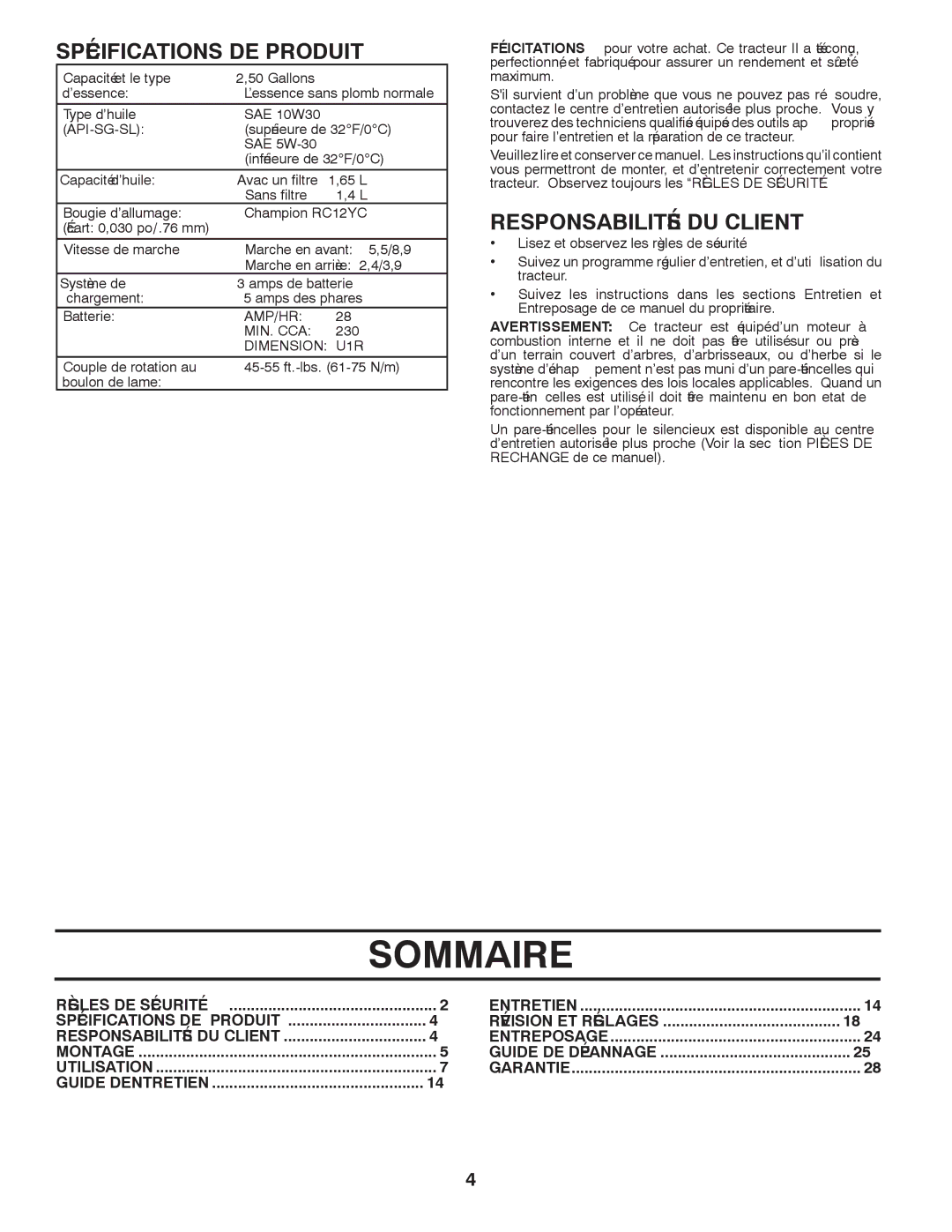 Poulan 419764, 96042007300 manual Sommaire, Client DU Responsabilités, Produit DE Spécifications 