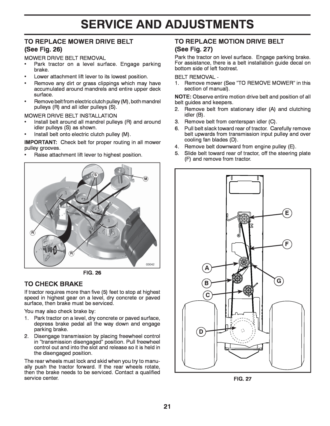 Poulan 419764 TO REPLACE MOWER DRIVE BELT See Fig, To Check Brake, TO REPLACE MOTION DRIVE BELT See Fig, E F A B G C D 