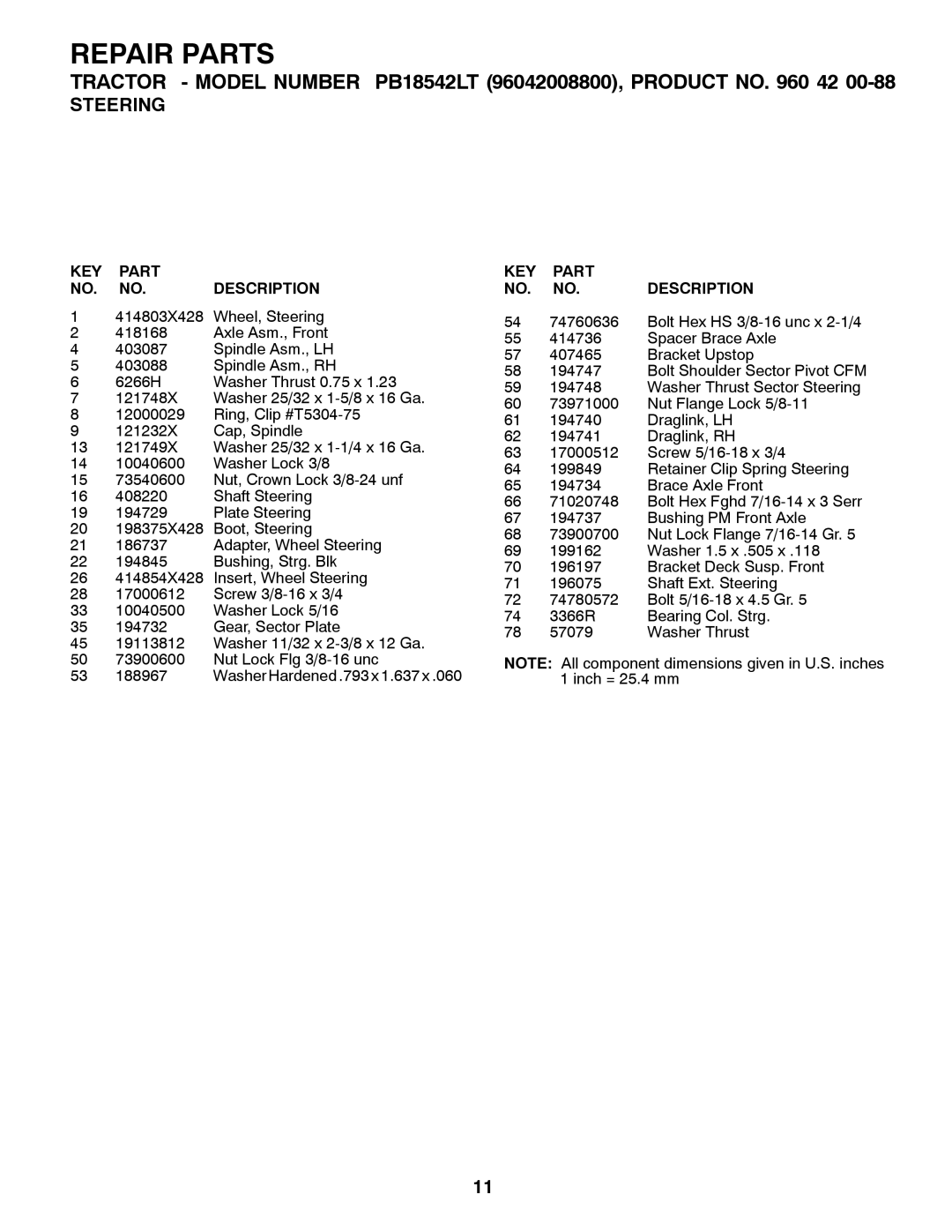 Poulan 96042008800 manual KEY Part NO. NO. Description 