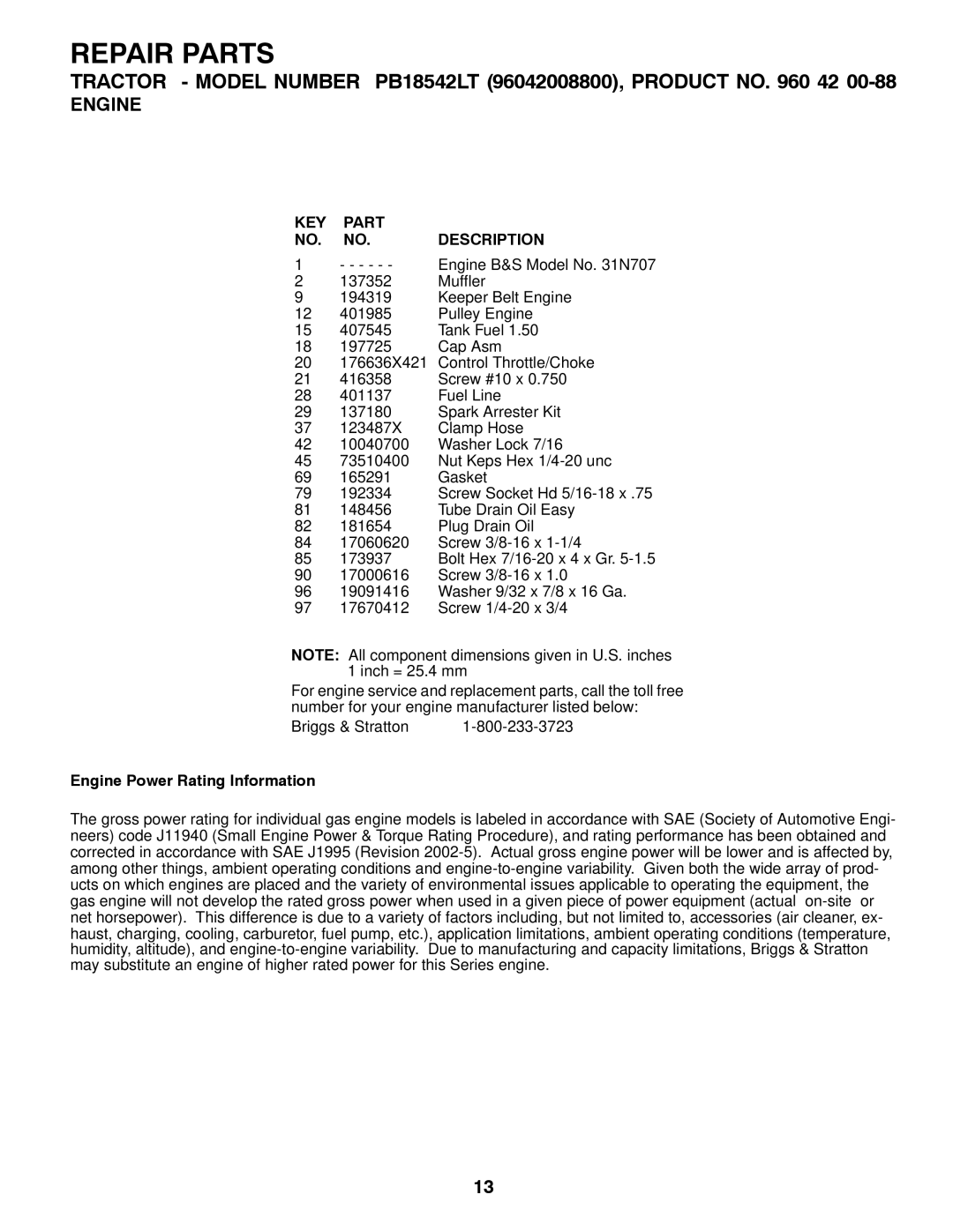 Poulan 96042008800 manual Engine Power Rating Information 