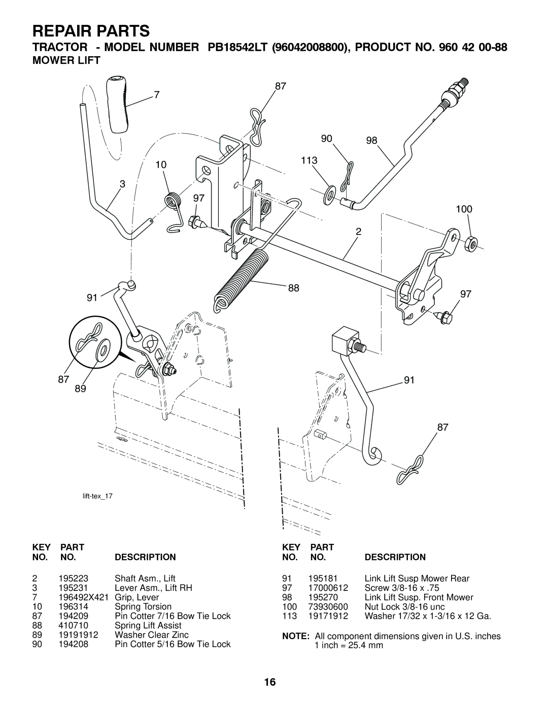 Poulan 96042008800 manual Mower Lift, 113 100 