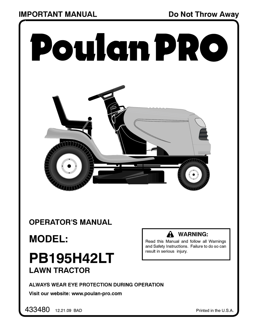 Poulan 433480, 96042010702 manual PB195H42LT, Model 