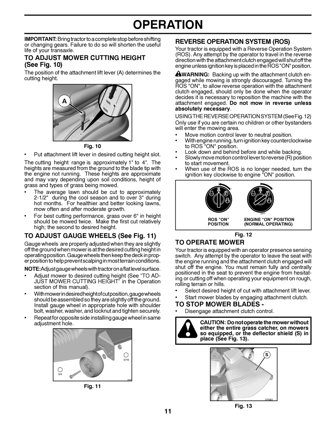 Poulan 34-80 manual To Adjust Mower Cutting Height See Fig, To Adjust Gauge Wheels See Fig, Reverse Operation System ROS 