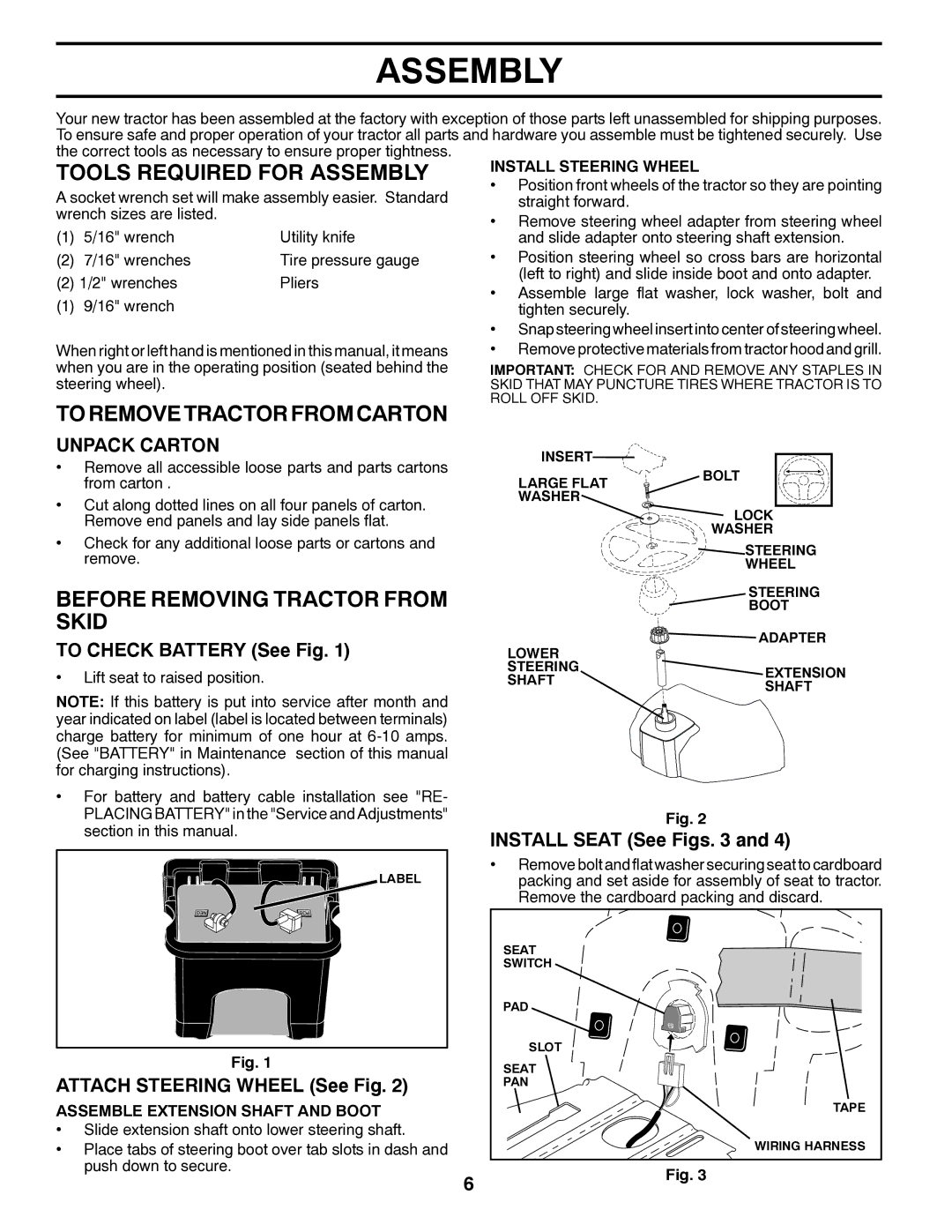 Poulan 96042010703, 34-80 Tools Required for Assembly, Toremovetractorfromcarton, Before Removing Tractor from Skid 