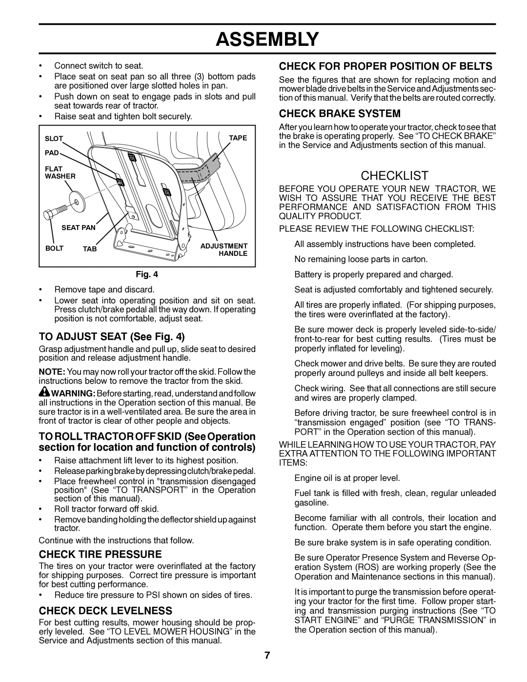 Poulan 34-80, 96042010703 manual To Adjust Seat See Fig, Check Tire Pressure, Check Deck Levelness 