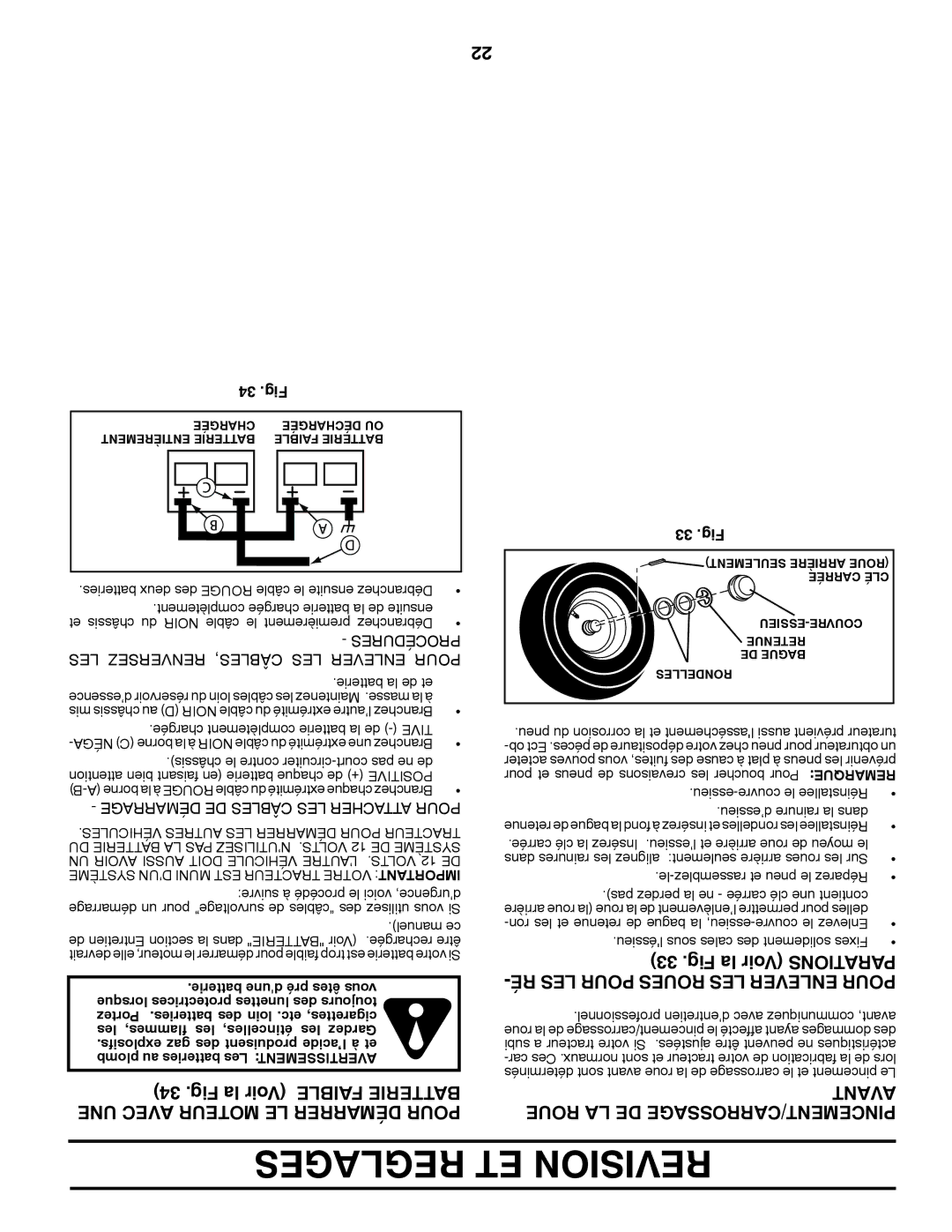 Poulan 430092, 96042010800 manual Avant Roue LA DE PINCEMENT/CARROSSAGE, 34 .Fig, 33 .Fig 