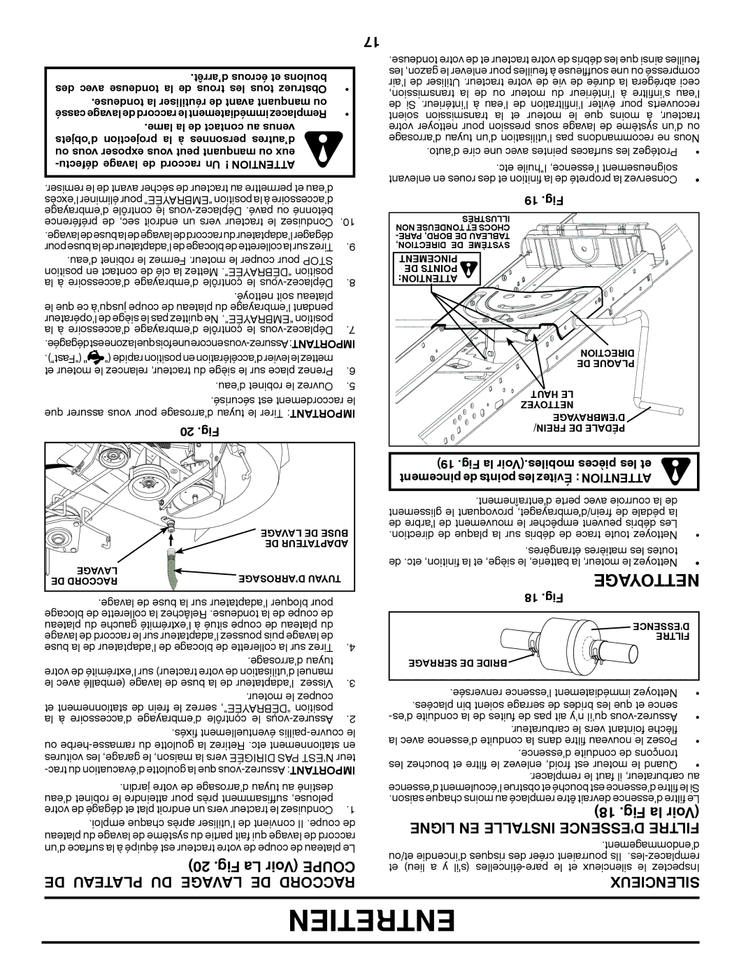 Poulan 96042010800, 430092 manual Entretien, Fig La Voir Coupe DE Plateau DU Lavage DE Raccord, Fig la Voir, Silencieux 