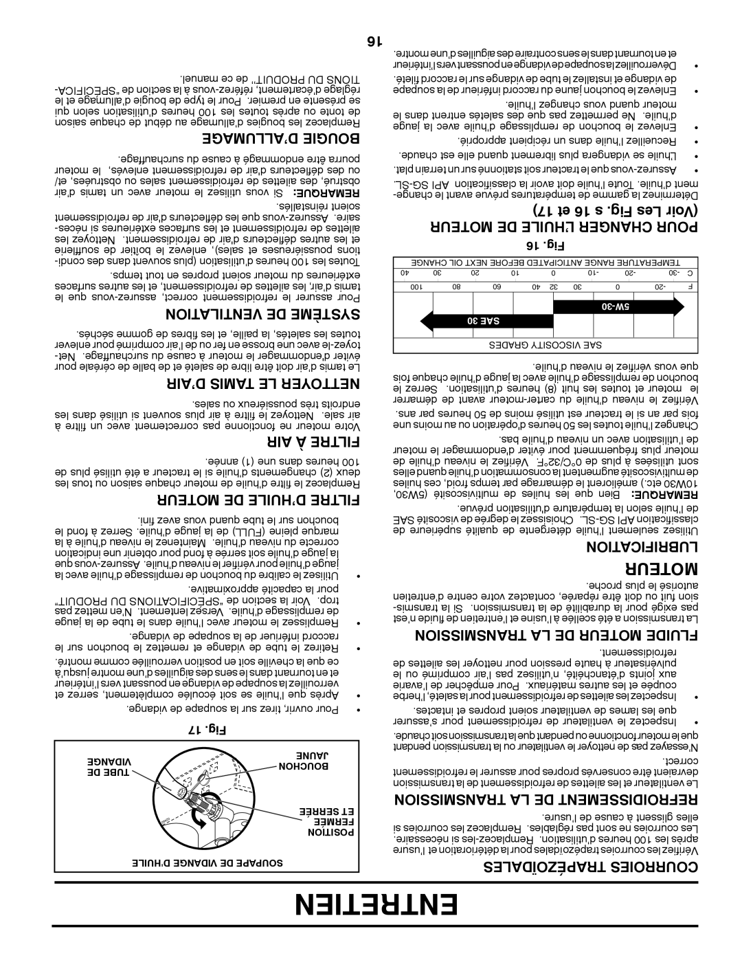 Poulan 430092 manual ’ALLUMAGE Bougie, Ventilation DE Système, ’AIR Tamis LE Nettoyer, Moteur DE L’HUILE Changer Pour 