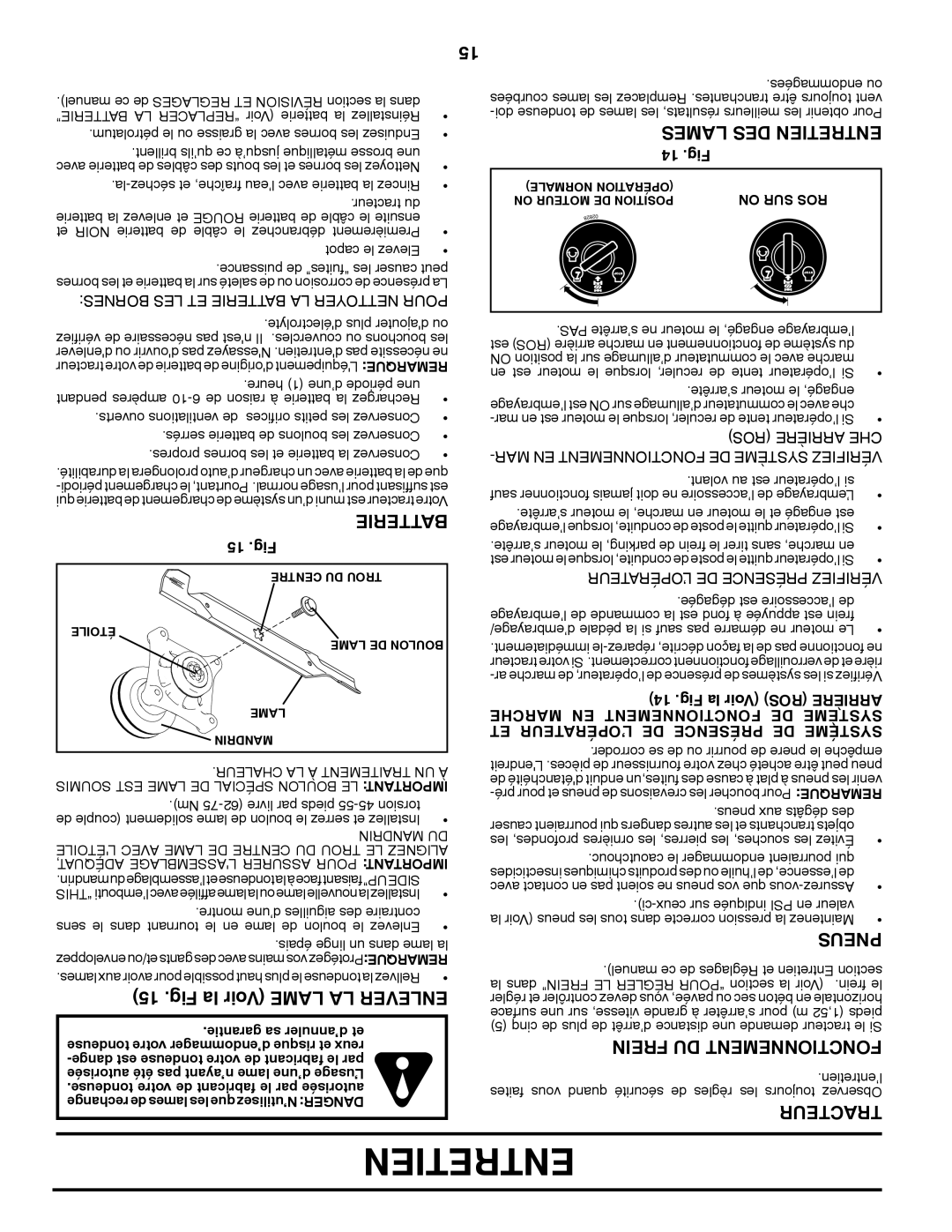 Poulan 96042010800, 430092 manual Fig la Voir Lame LA Enlever, Lames DES Entretien, Pneus, Frein DU Fonctionnement, Tracteur 