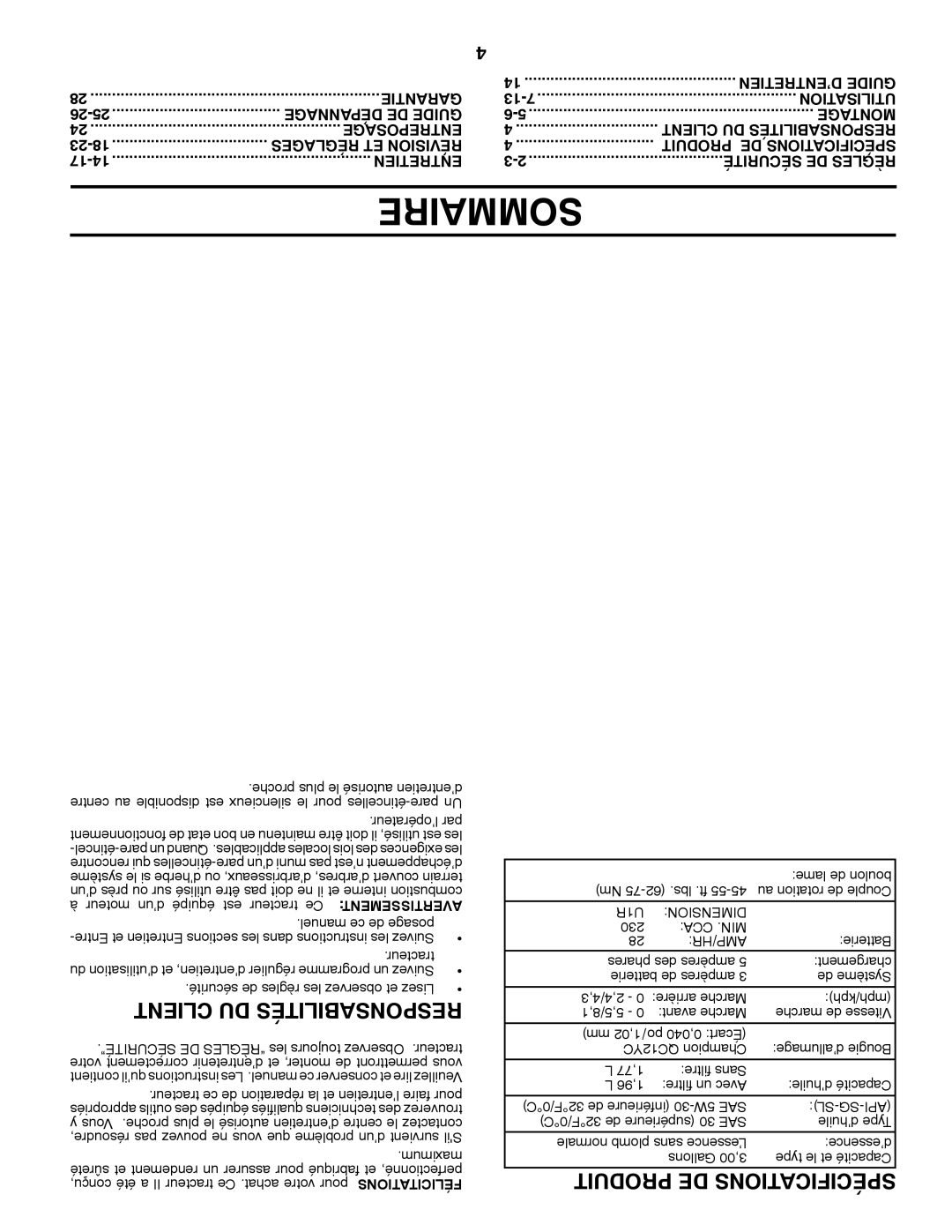 Poulan 430092, 96042010800 manual Sommaire, U1R Dimension, Cca .Min Amp/Hr, Sl-Sg-Api 