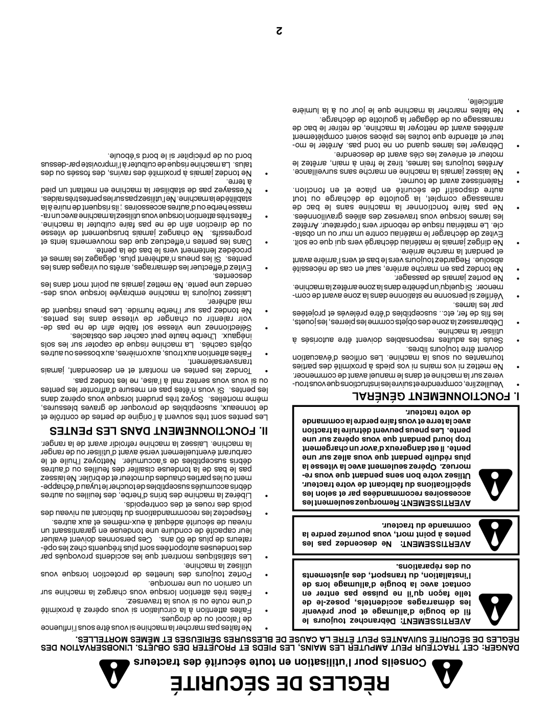 Poulan 430092 manual Pentes LES Dans Fonctionnement, Général Fonctionnement, ’éboule bord le si précipiter de ou bord 