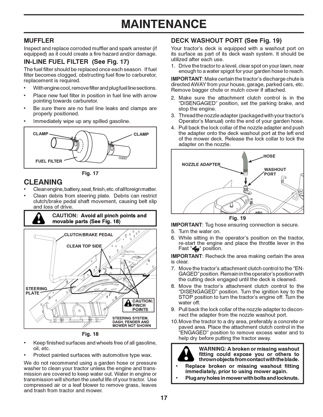 Poulan 433413, 96042010900, PB23H48YT manual Cleaning, Muffler, IN-LINE Fuel Filter See Fig, Deck Washout Port See Fig 