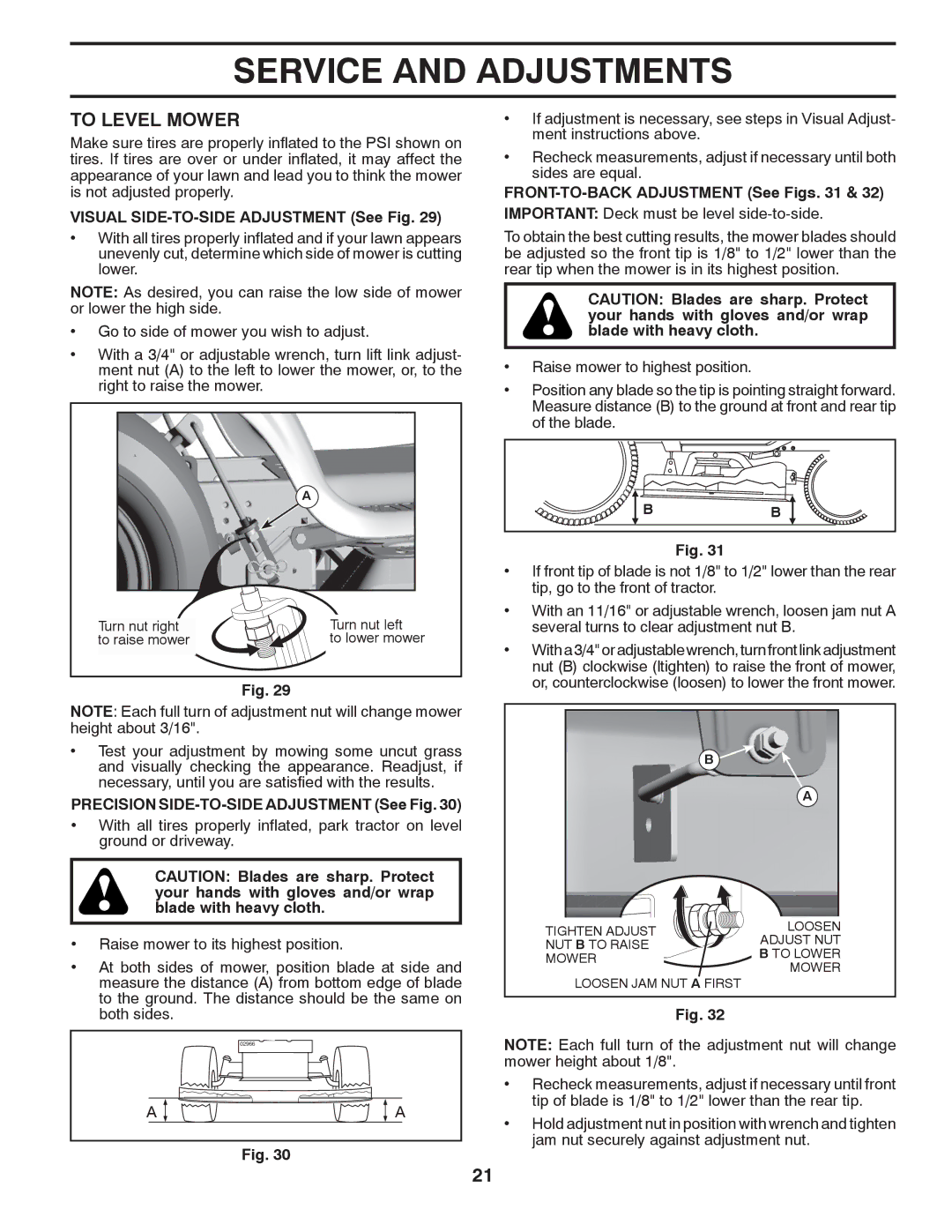 Poulan 96042010900 manual To Level Mower, Visual SIDE-TO-SIDE Adjustment See Fig, Precision SIDE-TO-SIDE Adjustment See Fig 