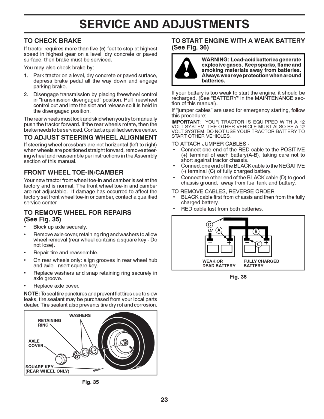 Poulan 433413, 96042010900, PB23H48YT manual To Check Brake, To Adjust Steering Wheel Alignment, Front Wheel TOE-IN/CAMBER 