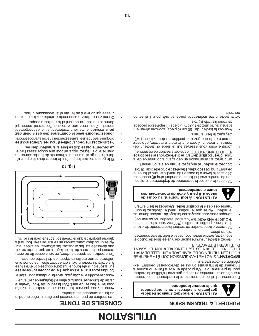 Poulan 96042010900, PB23H48YT, 433413 manual Utilisation, Transmission LA Purger, 13 .Fig, Tracteur LE D’UTILISER 
