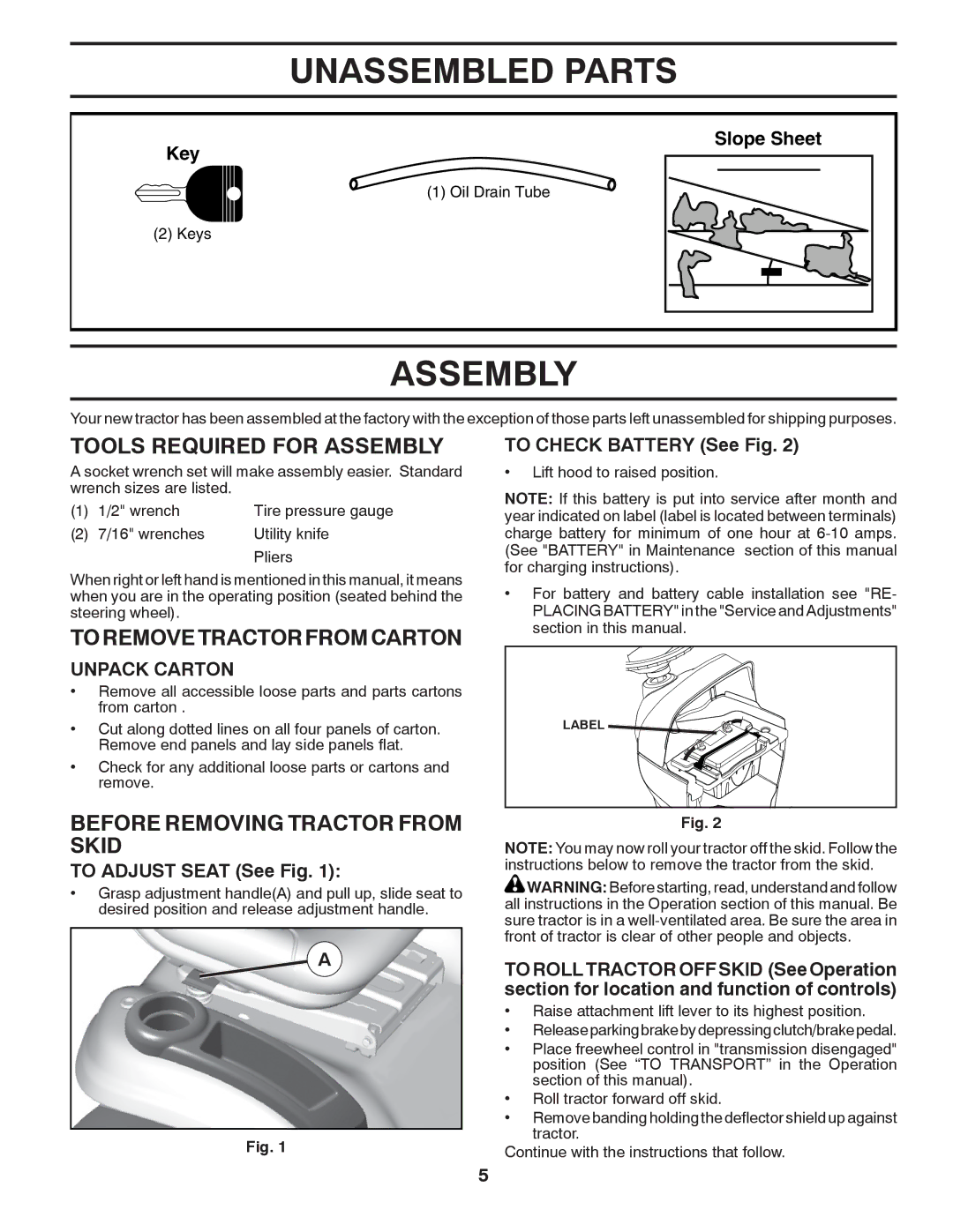 Poulan 433413, 96042010900, PB23H48YT Unassembled Parts, Tools Required for Assembly, To Remove Tractor from Carton 