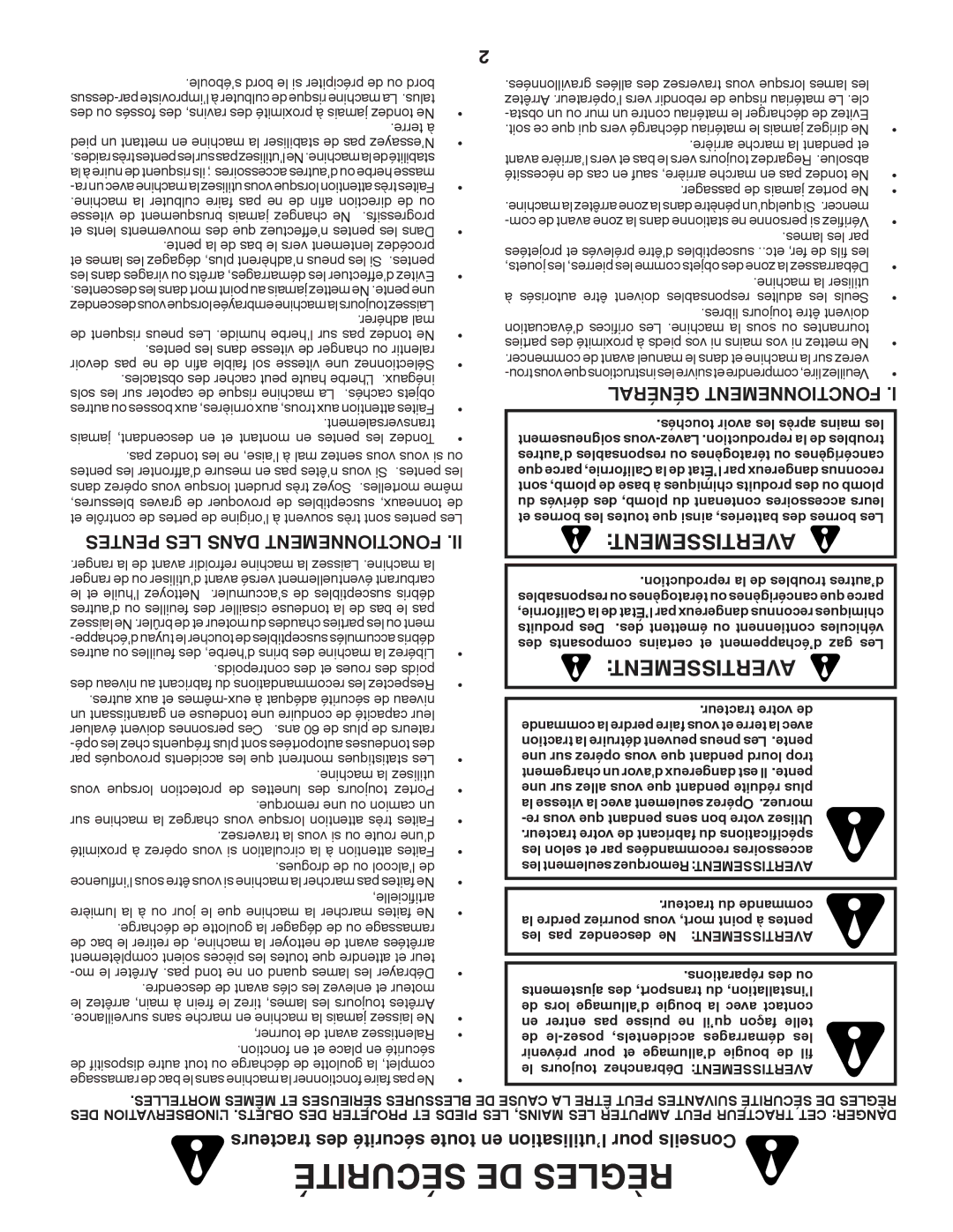 Poulan 433413 Avertissement, Tracteurs des sécurité toute en l’utilisation pour Conseils, Pentes LES Dans Fonctionnement 