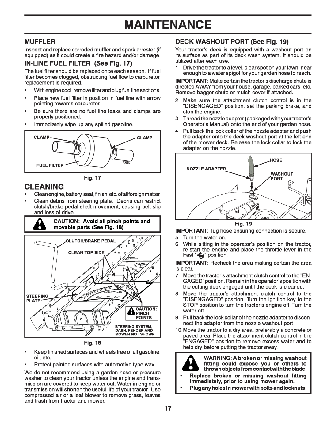 Poulan 433413, 96042010900 manual Cleaning, Muffler, IN-LINE FUEL FILTER See Fig, DECK WASHOUT PORT See Fig, Maintenance 