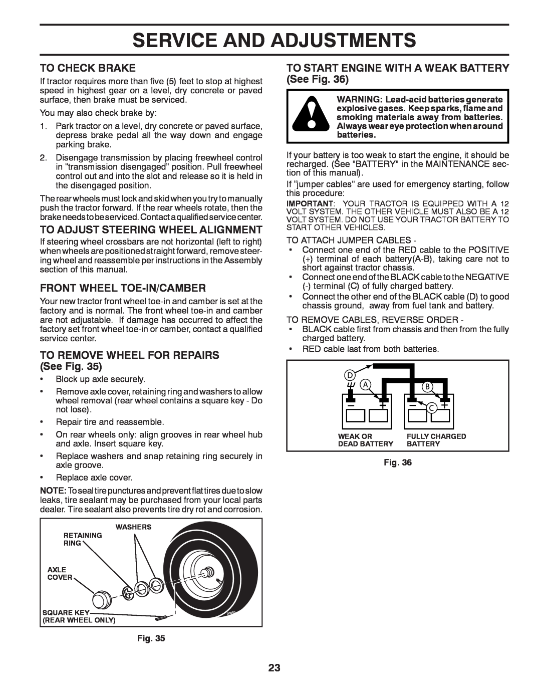 Poulan 433413 manual To Check Brake, To Adjust Steering Wheel Alignment, Front Wheel Toe-In/Camber, Service And Adjustments 