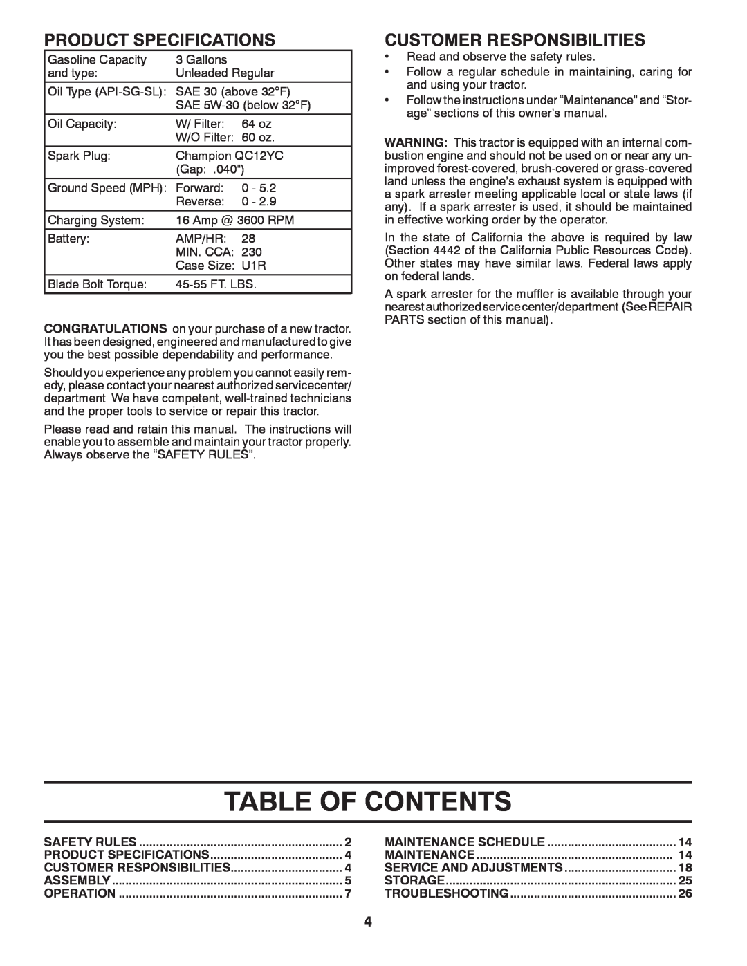 Poulan PB23H48YT, 96042010900, 433413 manual Table Of Contents, Product Specifications, Customer Responsibilities 