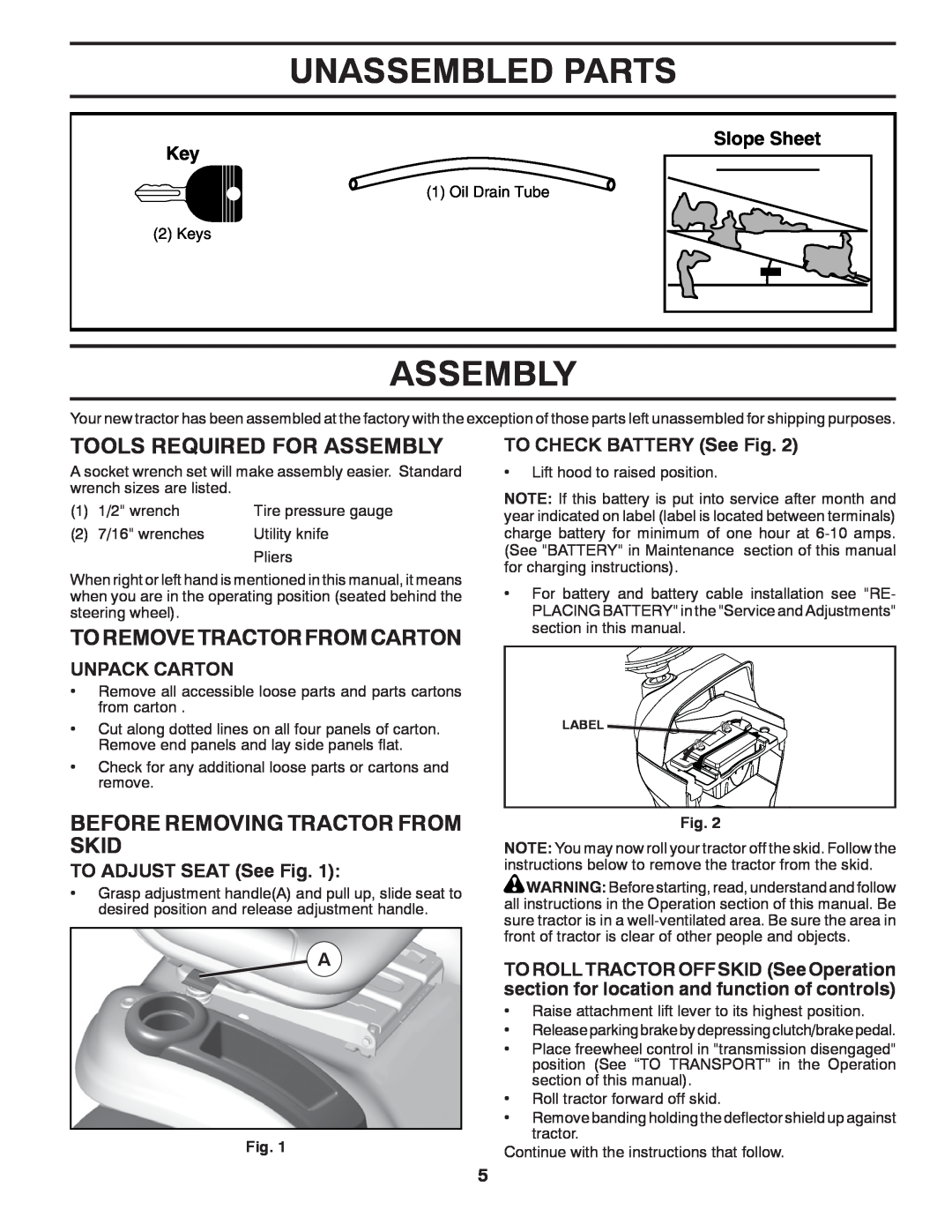 Poulan 433413 manual Unassembled Parts, Tools Required For Assembly, To Remove Tractor From Carton, Slope Sheet Key 