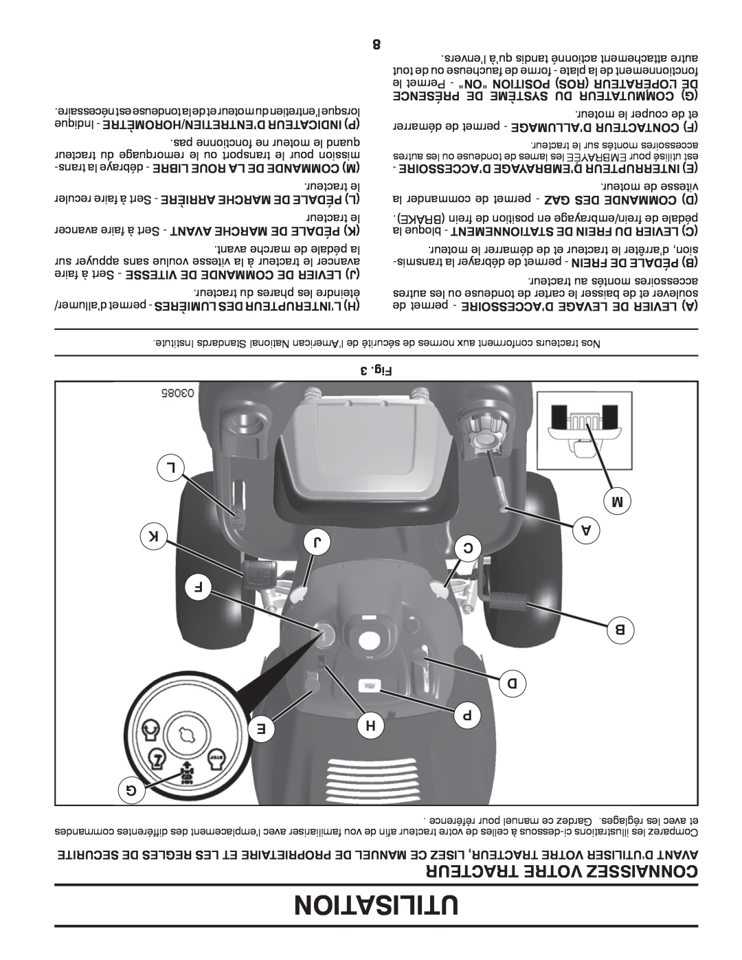 Poulan 433413, 96042010900 manual Tracteur Votre Connaissez, Utilisation, D’Accessoire D’Embrayage Interrupteur E, 3 .Fig 
