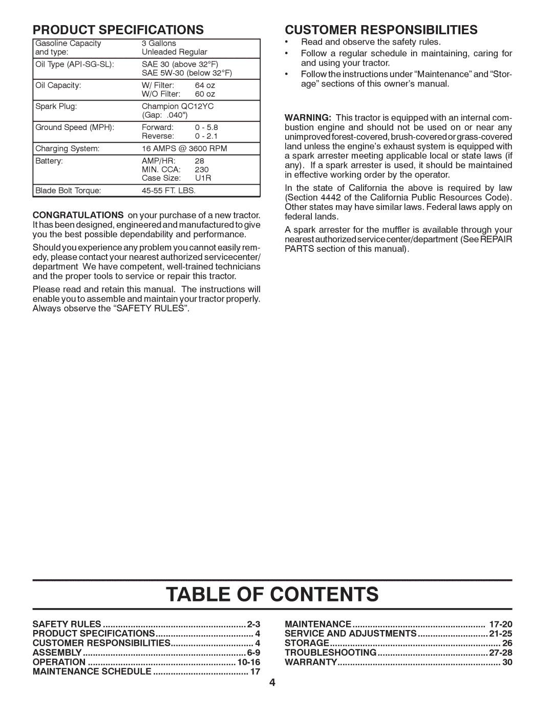 Poulan PB26H54YT, 96042011000, 433432 manual Table of Contents 