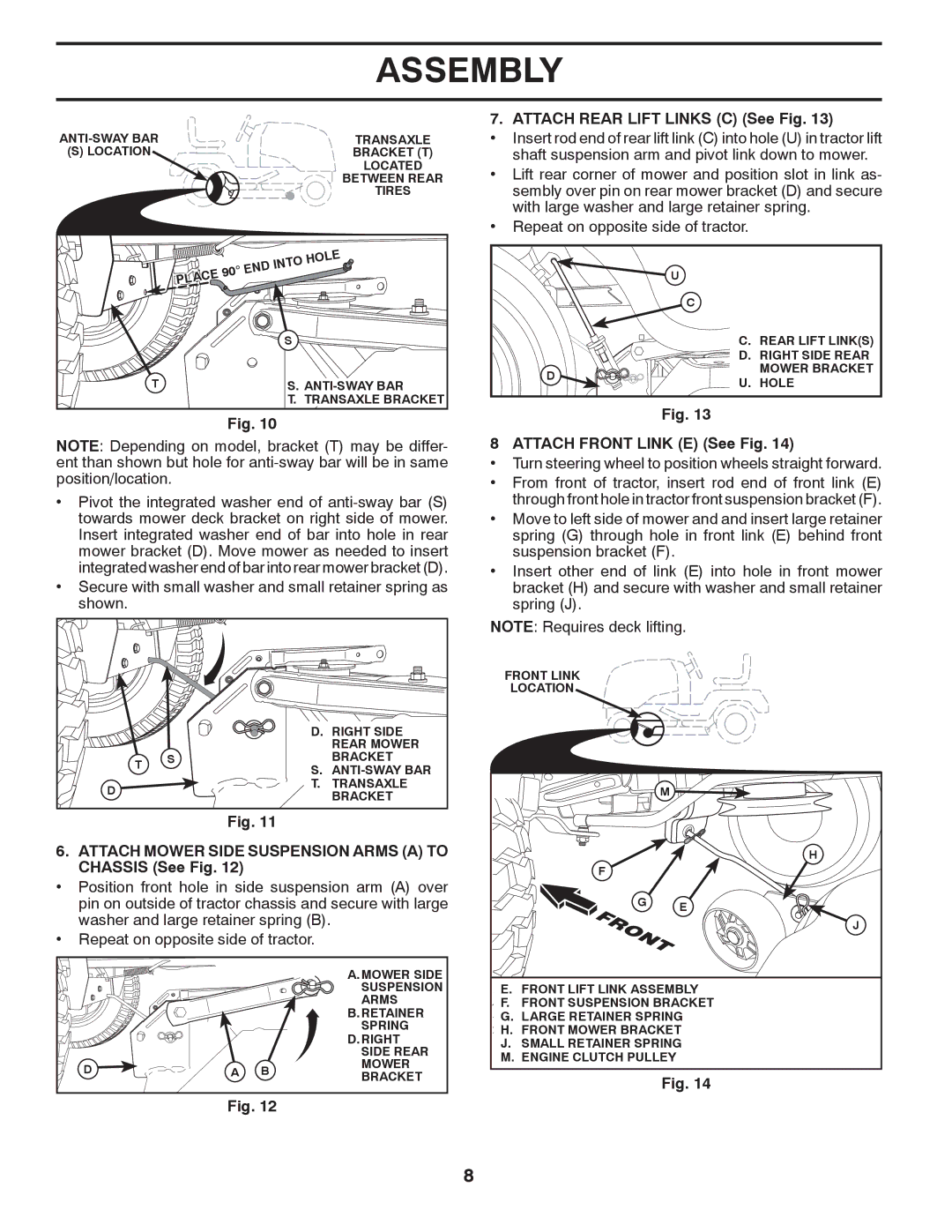 Poulan 433432, 96042011000 manual Attach Mower Side Suspension Arms a to Chassis See Fig, Attach Rear Lift Links C See Fig 