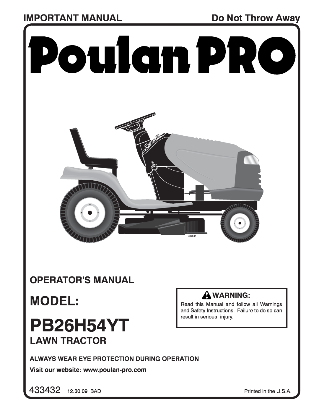 Poulan PB26H54YT, 96042011000 manual Important Manual, Operators Manual, Lawn Tractor, Model, Do Not Throw Away, 03032 