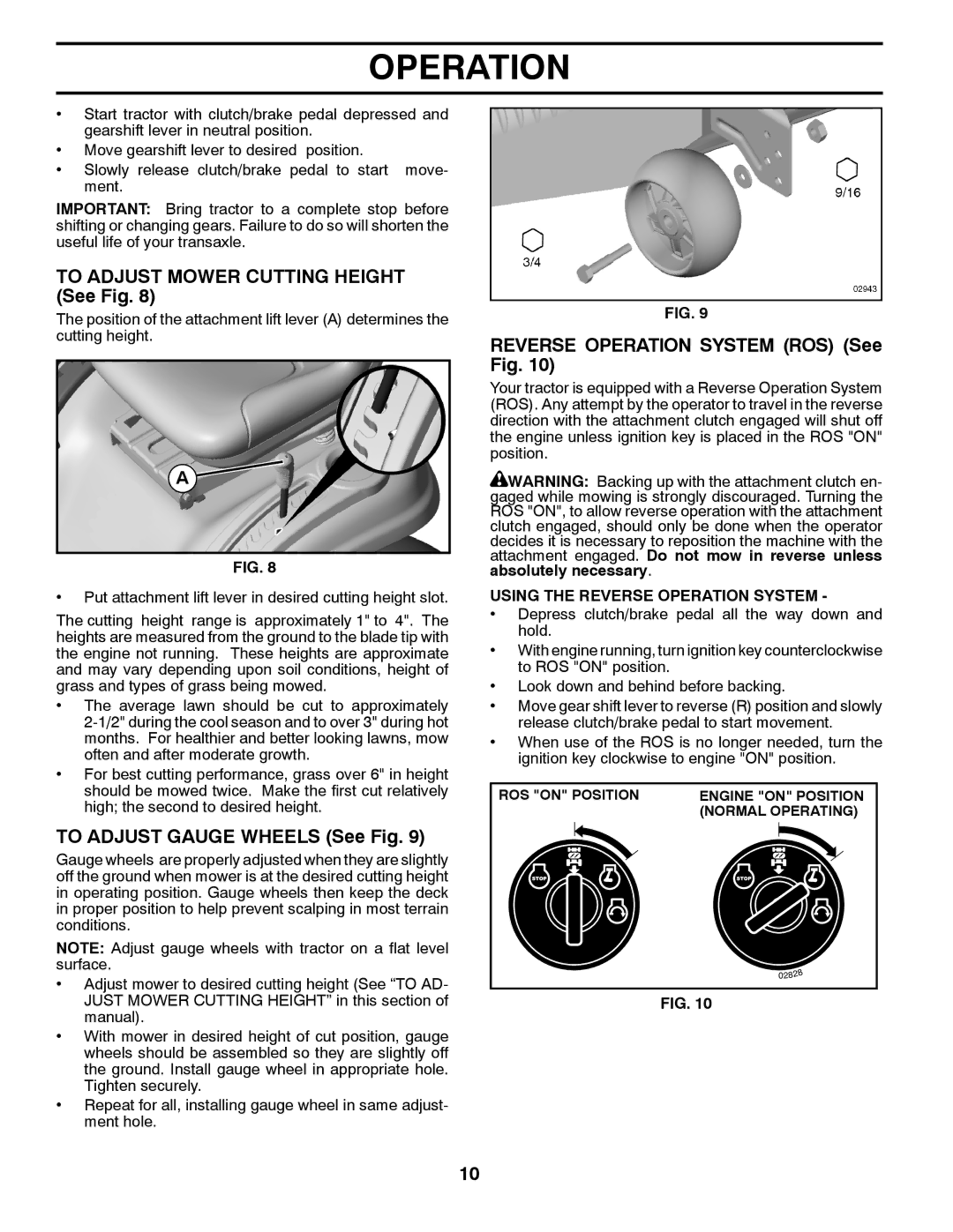 Poulan 96042011300, 432448 manual To Adjust Mower Cutting Height See Fig, To Adjust Gauge Wheels See Fig 