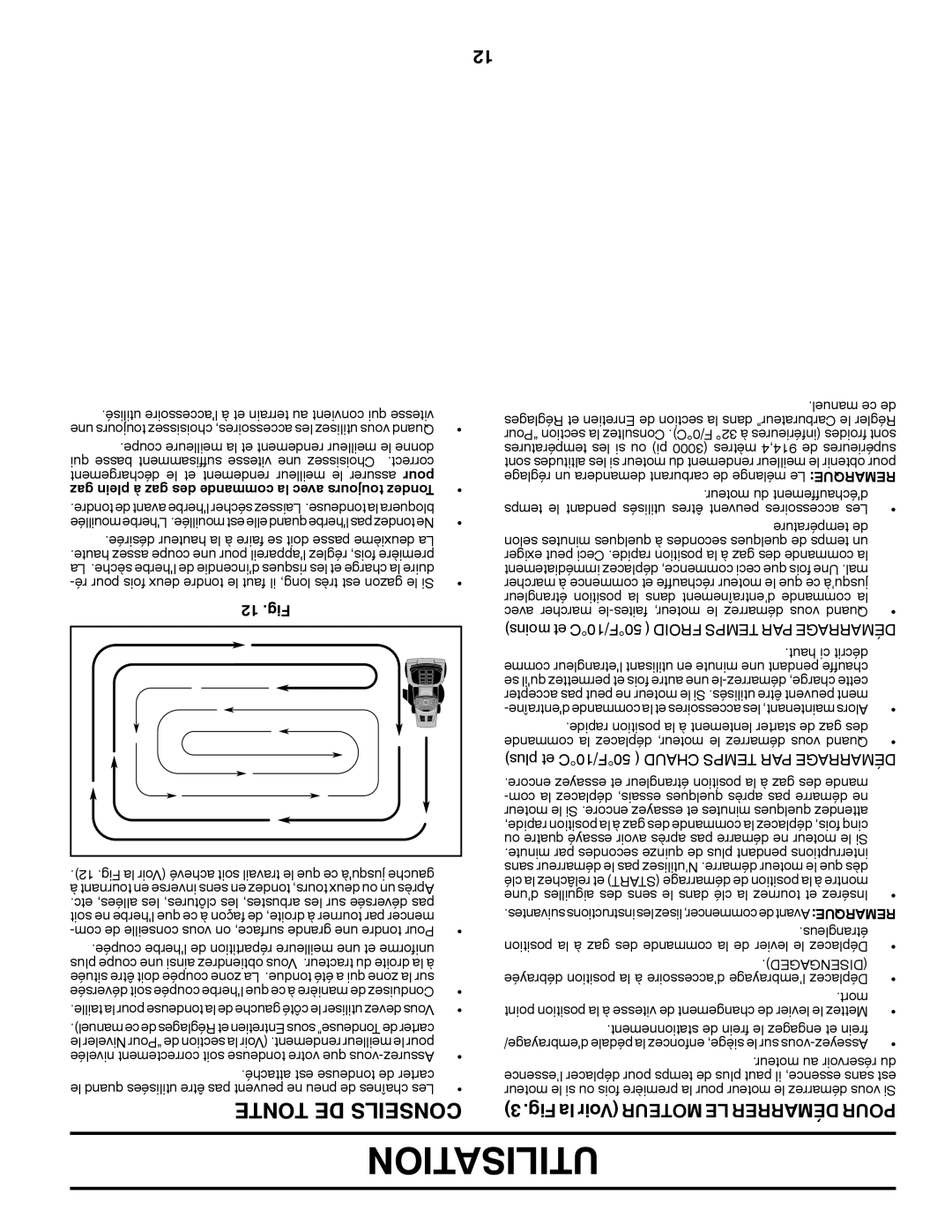 Poulan 432448, 96042011300 manual Utilisation, Tonte DE Conseils, Fig la Voir Moteur LE Démarrer Pour, 12 .Fig, Disengaged 