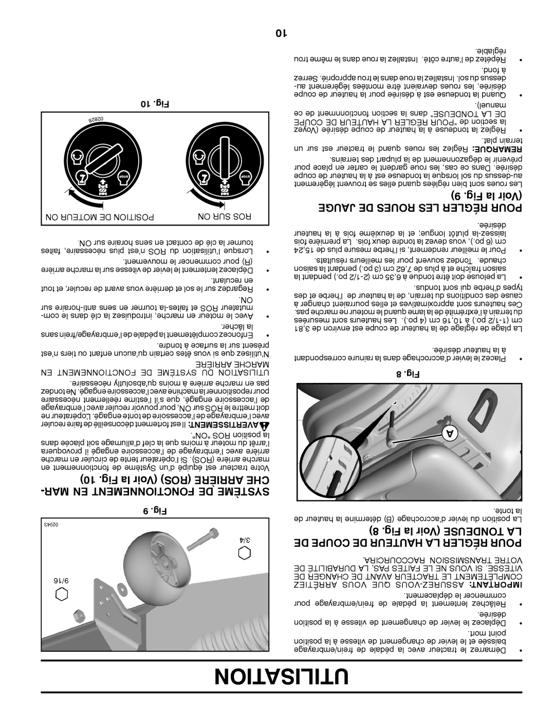 Poulan 432448, 96042011300 manual Jauge DE Roues LES Régler Pour, 10 .Fig 