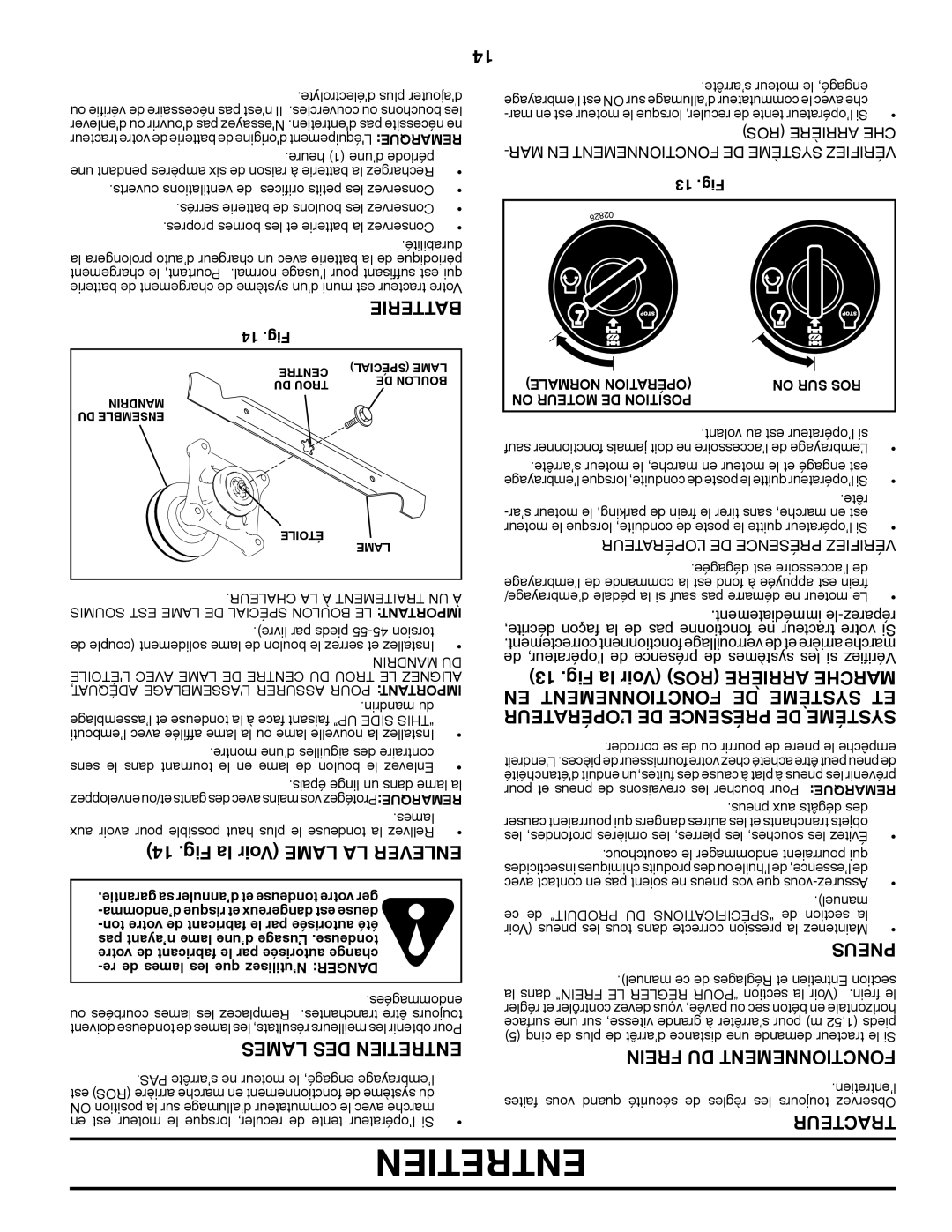 Poulan 432448 manual Fig la Voir LAME LA ENLEVER, Lames Des Entretien, Pneus, Frein Du Fonctionnement, Batterie, Tracteur 