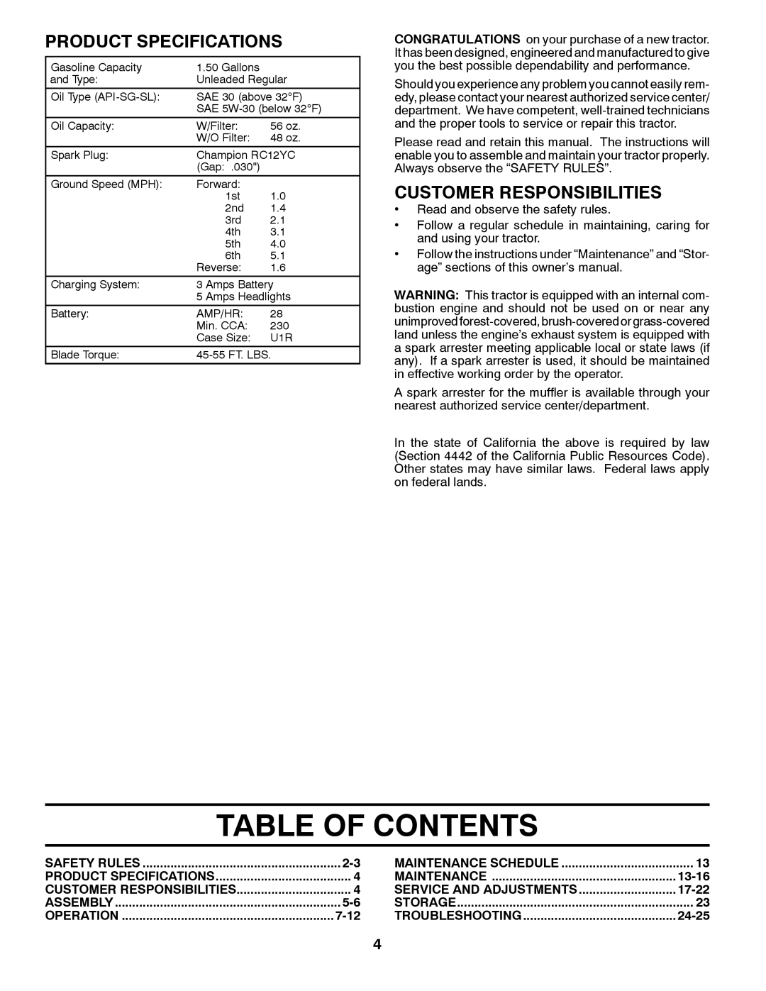 Poulan 96042011300, 432448 manual Table Of Contents, Product Specifications, Customer Responsibilities 