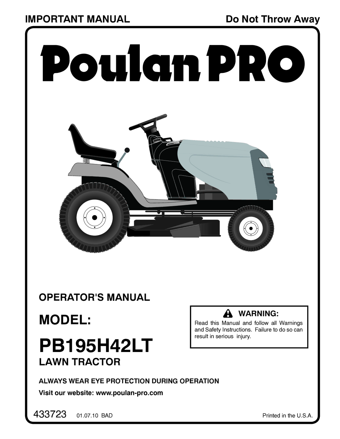 Poulan 433723, 96042012000 manual PB195H42LT 