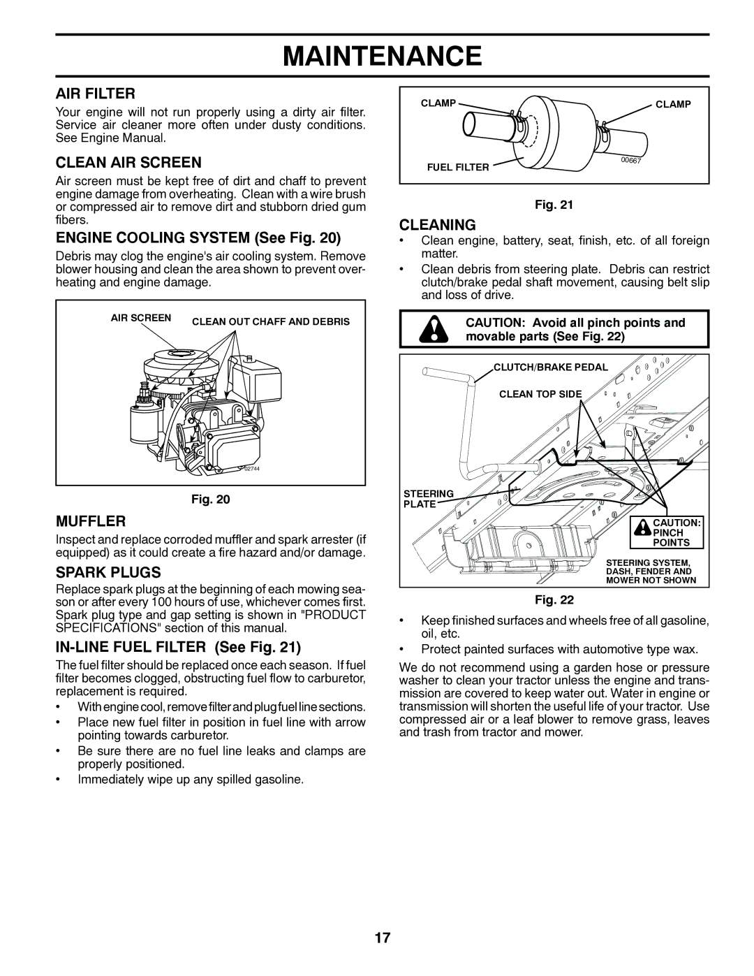 Poulan 433723, 96042012000 manual AIR Filter, Clean AIR Screen, Muffler, Spark Plugs, Cleaning 