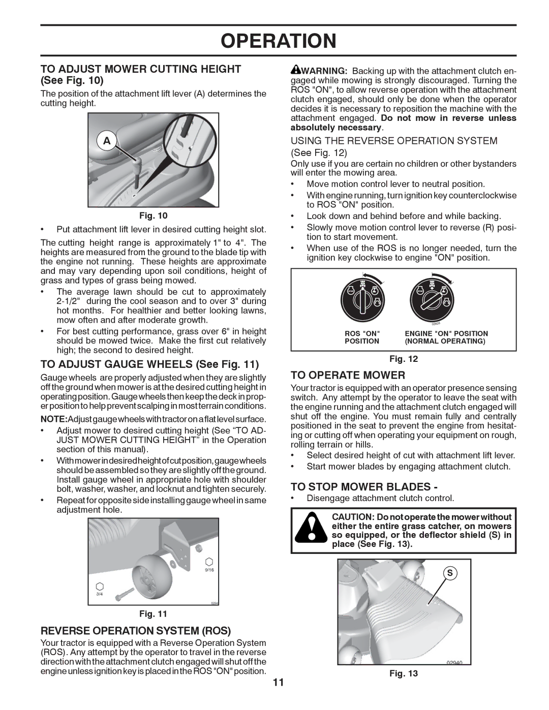 Poulan 96042012300 To Adjust Mower Cutting Height See Fig, To Adjust Gauge Wheels See Fig, Reverse Operation System ROS 