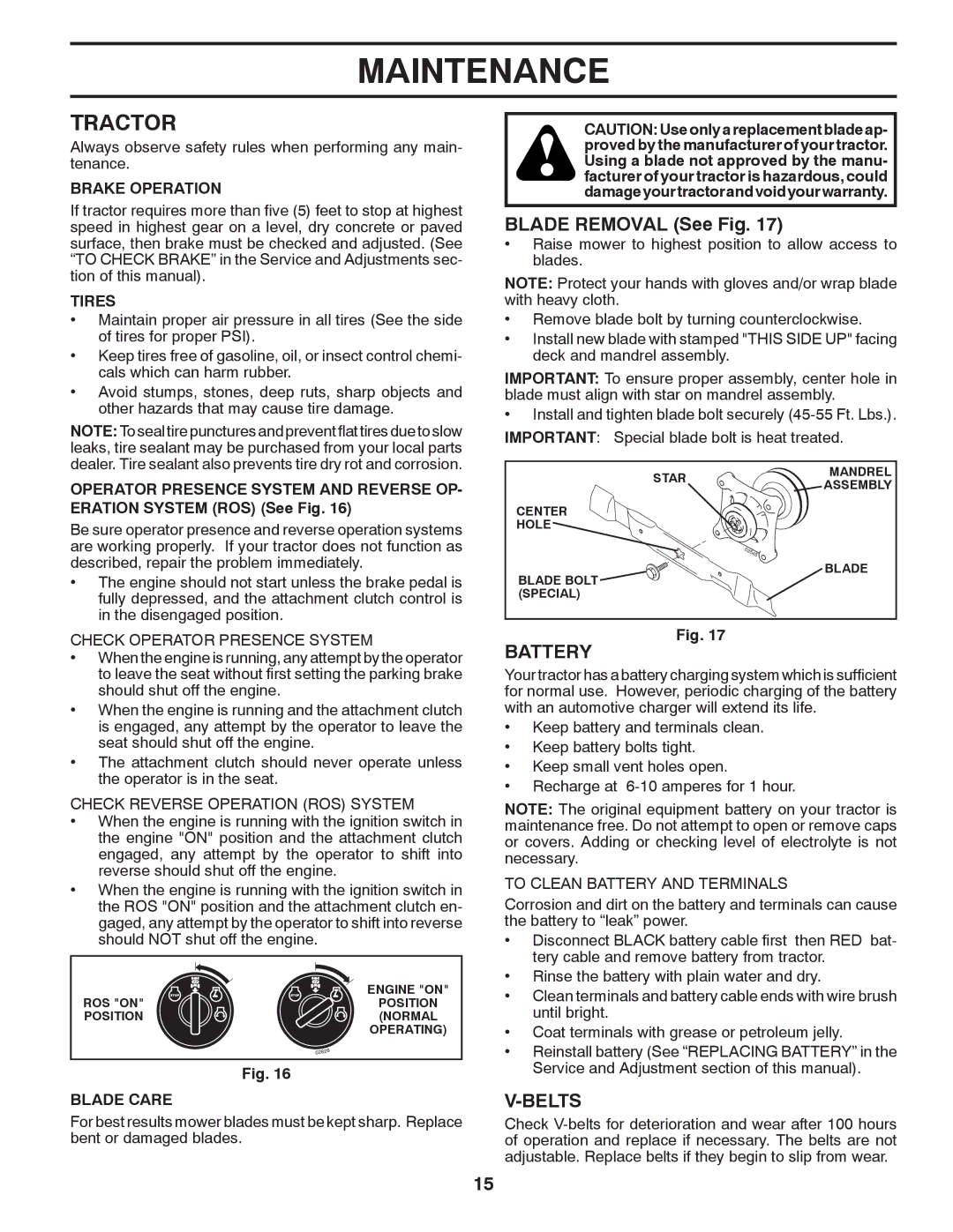 Poulan 96042012300 manual Tractor, Blade Removal See Fig, Battery, Belts 