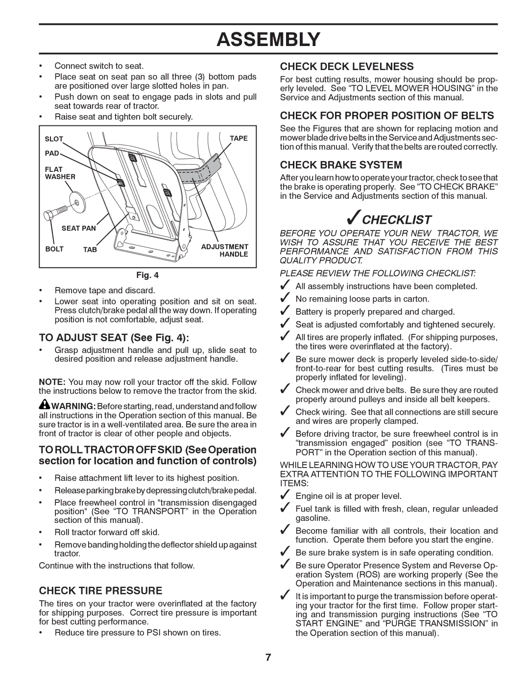 Poulan 96042012300 To Adjust Seat See Fig, Check Tire Pressure, Check Deck Levelness, Check for Proper Position of Belts 