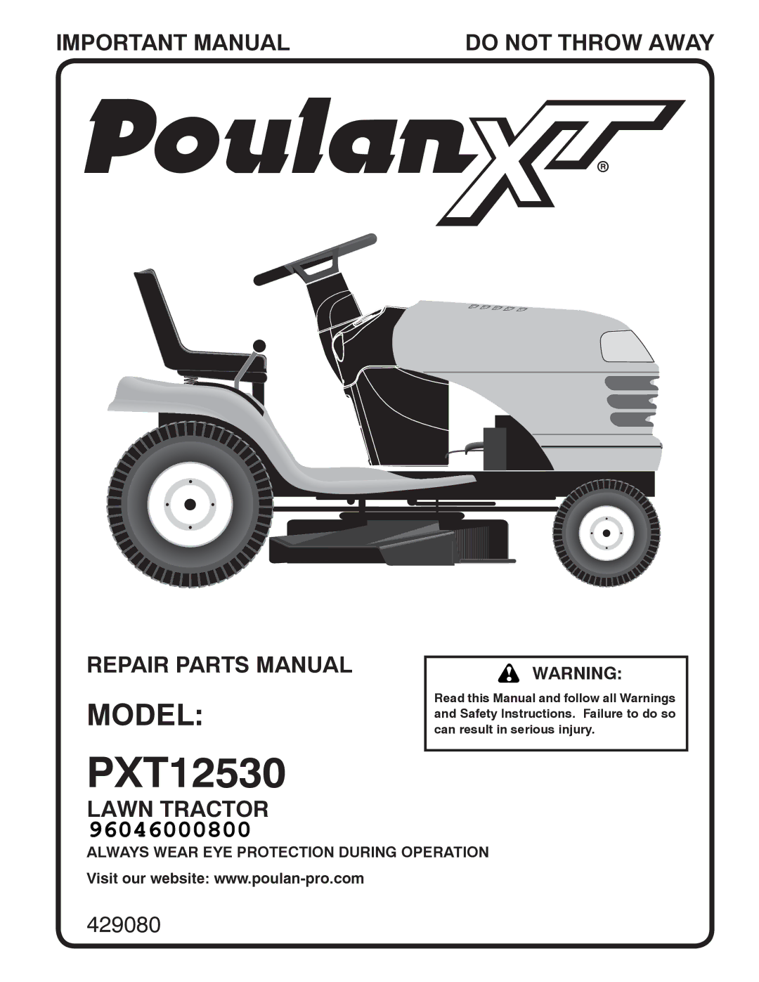 Poulan 96046000800 manual PXT12530 