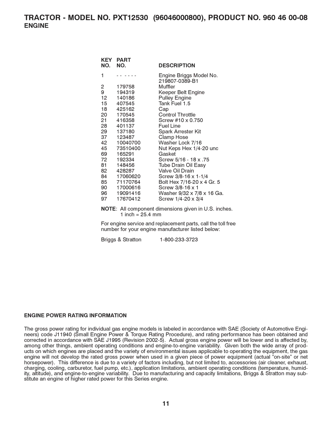 Poulan 96046000800 manual Engine Power Rating Information 