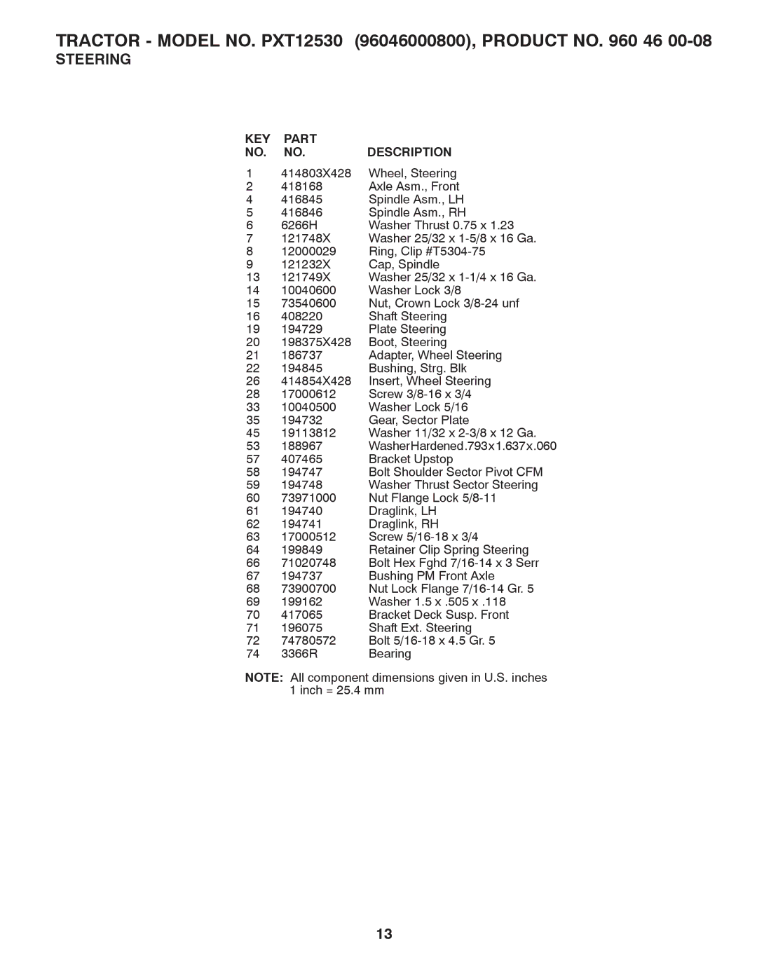 Poulan manual Tractor Model NO. PXT12530 96046000800, Product no 46 