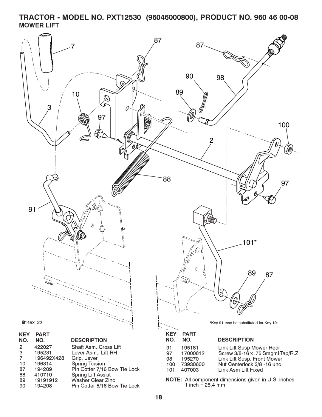 Poulan 96046000800 manual 100 101, Mower Lift 