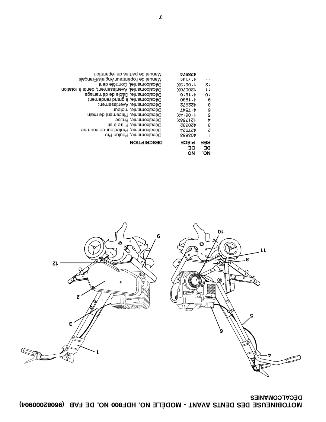 Poulan 96082000904 manual FAB DE .NO HDF800 .NO Modéle Avant Dents DES Motobineuse 