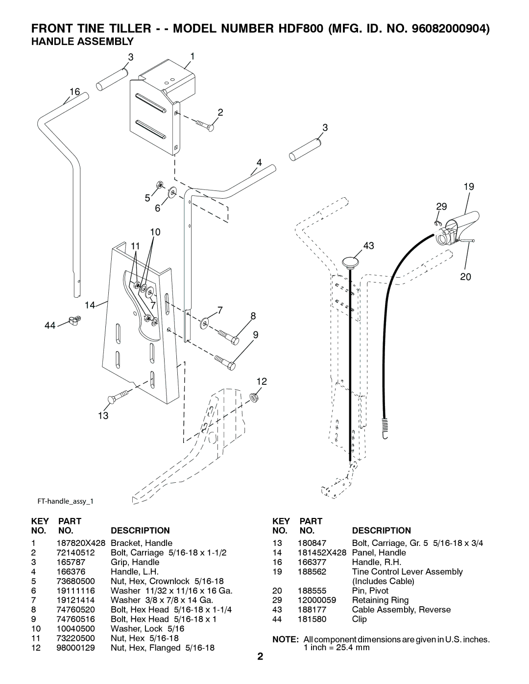 Poulan 96082000904 manual Front Tine Tiller - Model Number HDF800 MFG. ID. no, Handle Assembly 