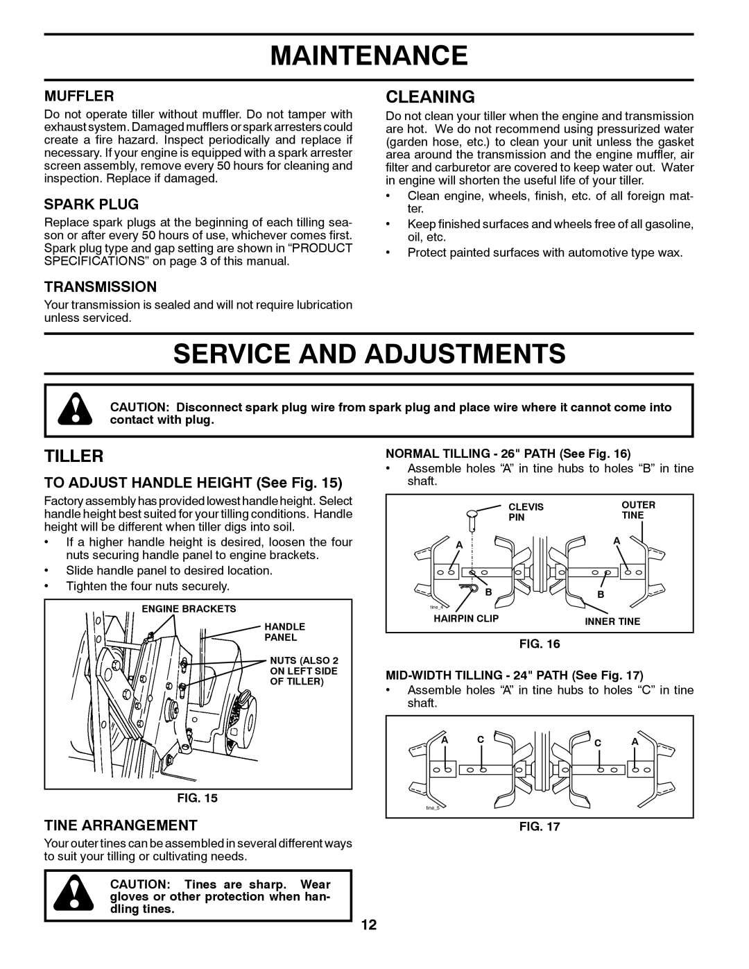 Poulan 96082001100 manual Service and Adjustments, Cleaning, Tiller 