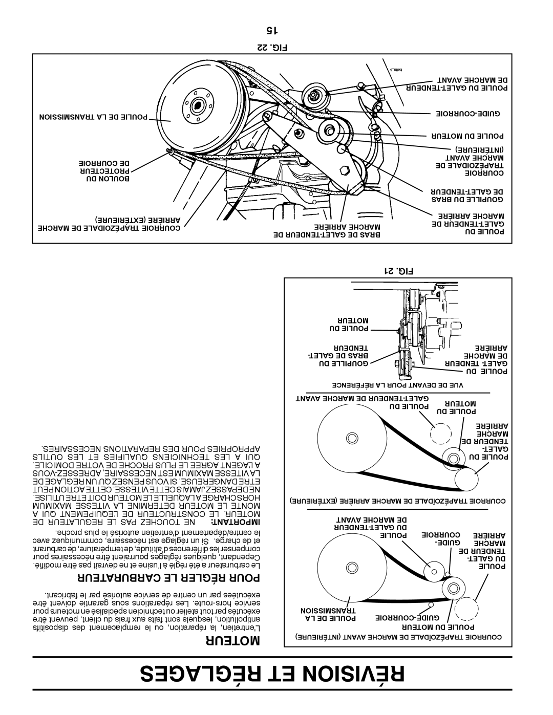 Poulan 96082001100 manual Réglages ET Révision, Moteur, Carburateur LE Régler Pour, 22 .FIG, 21 .FIG 