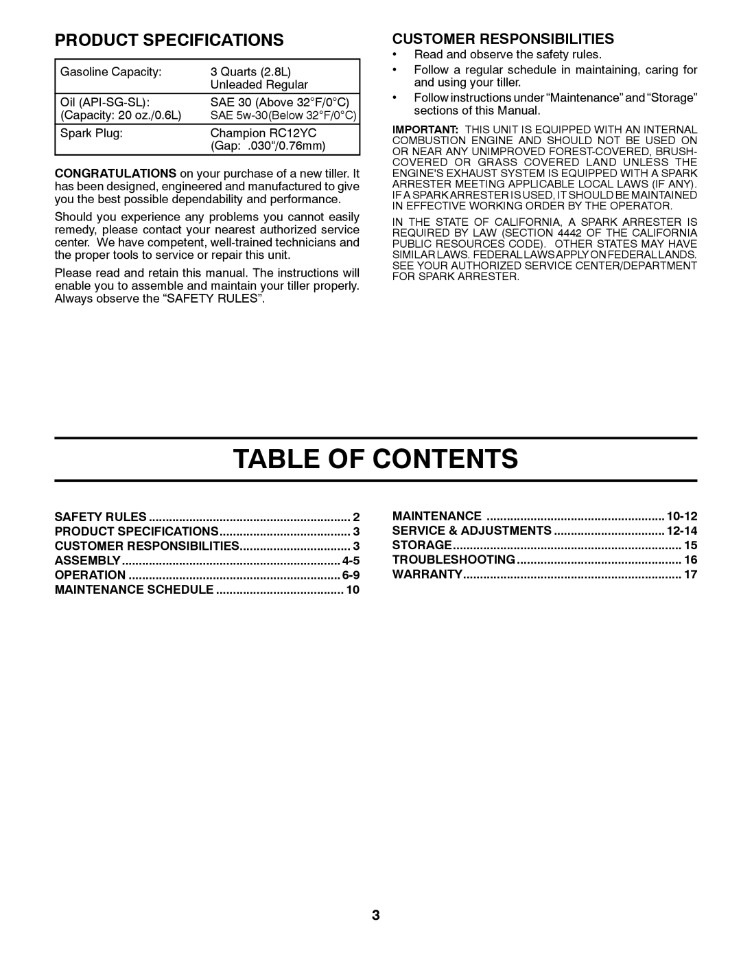 Poulan 96082001100 manual Table of Contents 