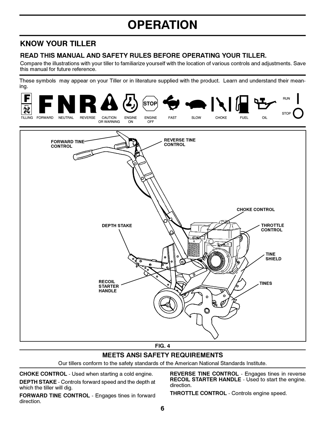 Poulan 96082001100 manual Operation, Know Your Tiller, Meets Ansi Safety Requirements 